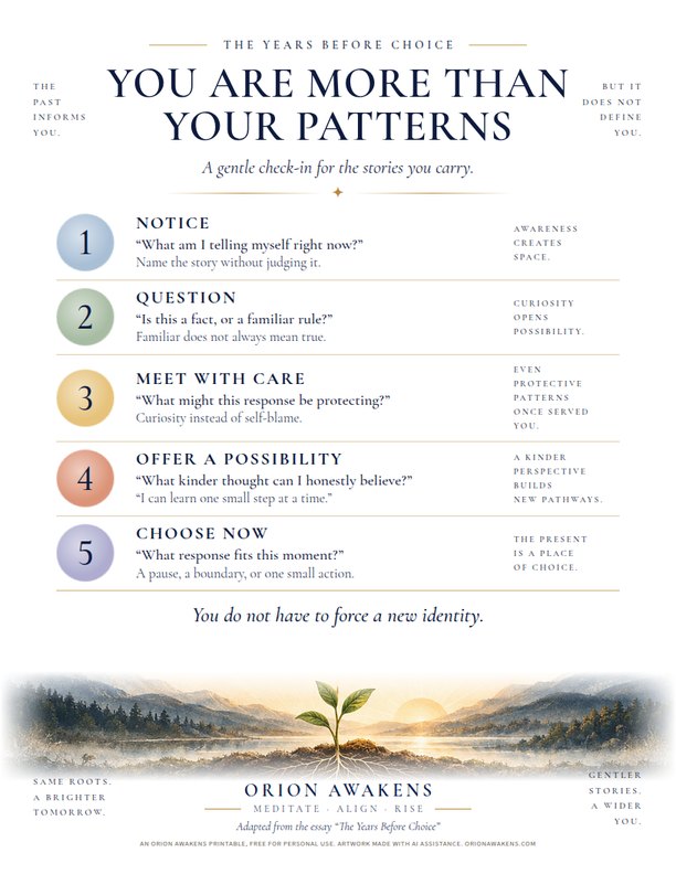 The You Are More Than Your Patterns printable: five check-in questions above a seedling at sunrise